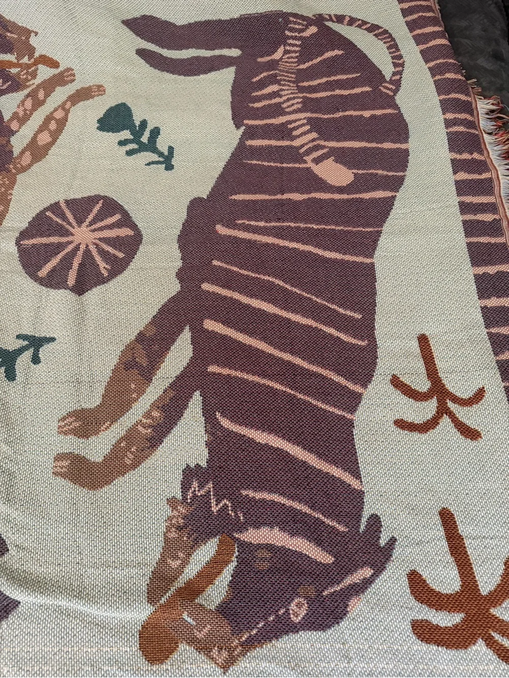 Safari Tiger & Leopard Woven Throw Blanket Fringe Tapestry 50” x 60”
